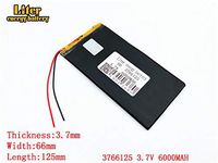 3.7V 6000mAh 3766125 Lithium Polymer Ion Rechargeable Battery Lithium Polymer Li-Po Battery for MP4 GPS MP3 Bluetooth Stereo DIY Gift