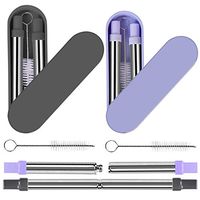 Telescopic Straw, Collapsible Straw Stainless Steel Reusable Foldable Drinking Straws Food-Grade Portable Set with Hard Case Cleaning Brush for Travel, Household, Outdoor (2 Pcs, Black-Blue)