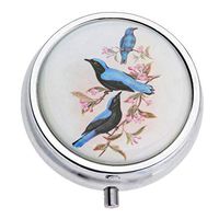 FZJ Metal Pill Boxes with Mutiple Patterns (Gods, Blooms, Birds) Compact Round Pill Box and Organizer with 3 Plastic compartments, Small Medicine Box for Purse, Decorative Gift Pill Box (Blue Birds)