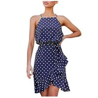 Sunhusing Ladies Spaghetti Sling Sexy Sleeveless Solid Color Polka Dot Print Irregular Hem Beach Style Dress(Navy,XL)