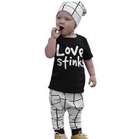 FANOUD 3Pcs Toddler Baby Girls Boys Letter Print Tops T Shirt Plaid Pants Outfits (3M)