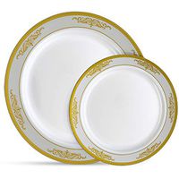 Laura Stein Designer Dinnerware Set | 32 Disposable Plastic Party Plates | White Plate with Gold Rim & Brushed Grey Accents | Includes 16 x 10.75" Dinner Plates + 16 x 7.5” Salad Plates | Traditional