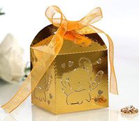 50pcs Hollow Out Elephant Pattern Candy Boxes Gift Bags Baby Shower Wedding Favors (Laser Gold)
