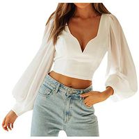 Meikosks Ladies Lantern Sleeve Blouses Sexy Backless Tops V-Neck Long Sleeves Pullover Solid Tee White