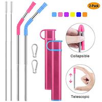 Reusable Collapsible Straw, Portable Stainless Steel Drinking Straw with Case, Keychain and Cleaning Brush for Travel, Party, Outdoor and Home Use (Red Case, Turquoise and Pink Straws)