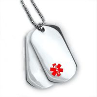 Double Stainless Steel Medical ID Dog Tag with Red Emblem and 24 Lines of Engraving.