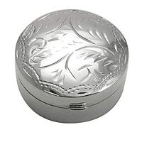 English Sterling Hinged Round Pillbox Engraved Design 7/8" Diameter Presentation Box