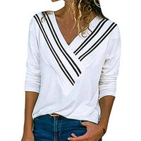 Cenglings Women's Sexy V Neck Stripe Print Long Sleeve Blouse Patchwork Slim Fit Sweater Party Plus Size Sweatshirt White