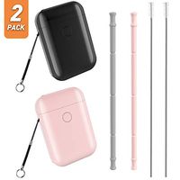 Easyworld Reusable Straws, Collapsible Silicone Drinking Straws Portable Straw 2 Pack (Grey/Pink)