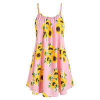 Womens Sunflowers Midi Dress Spaghetti Straps Loose Fitting Floral Printed Sun Dresses Summer Casual Tshirt Dress Flowy Pleated Sleeves Flowers Tank Dress