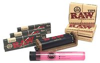 Bundle - 8 Items - RAW Black 1 1/4 Rolling Papers (3 Packs), RAW Pre Rolled Tips (3 Packs), RAW 79mm 2 Way Adjustable Roller with Rolling Paper Depot KewlTube