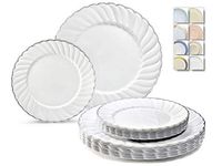 " OCCASIONS" 240 Plates Pack,(120 Guests) Premium Vintage Wedding Party Disposable Plastic Plates Set -120 x 10.25'' Dinner + 120 x 7.5'' Salad/Dessert (Blossom White/Silver)