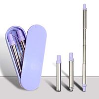 Folding Stainless Steel Drinking Straw | Reusable, Collapsible and Eco-friendly TPE/Food Grade Silicone Straws | Portable with Hard Case & Cleaning Brush (purple)