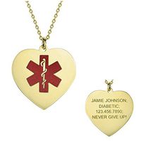 14K Gold Sterling Silver Medical Alert Tag Pendant Necklace Custom Engraved for Women or Men Diabetes Charm (Golden)