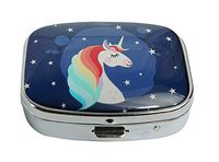 LCTCKP Custom Fashion Square Glass Silver Pill Case Decorative Metal Western Medicine Tablet Container Box (Unicorn Head with Rainbow)