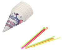 Perfect Stix Snow Cone-Straws- 100 Snow Cone Cups and Assorted Neon Straws (100 Count of Each) (Pack of 200)