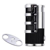 Cigar Ligther Gift Set, Triple Jet Flame Butane Cigarette Torch Lighter with Cigar Punch Attachment (Black+Silver)