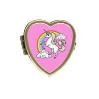 Cartoon Unicorn On Pink Custom Fashion Bronze Tone Heart Pill Box Medicine Tablet Holder Wallet Organizer Case for Pocket or Purse