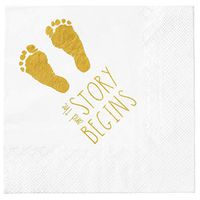 Baby Shower Napkins -"and The Story Begins" 100 Quality Napkins - Gender Reveal Gold Napkins - Boy and Girl Baby Shower Decorations Large 6.5 x 6.5 Inch Folded