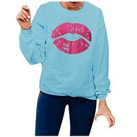 HNTDG Women Lip Print Long Sleeve O Neck Solid Color Sweatshirt Hoodie Shirt Top Blouse Blue