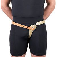 Hernia Truss, Single Spring, Scrotal Pad Compression, Leather, 30 inch Hip (Left)
