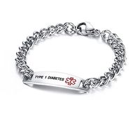TYPE 1 DIABETES-Stainless Steel Curb Chain Medical Alert ID Idenfication Bracelets for Men, 8.3" Black Deep Engraving