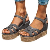 Women's Retro Roman Wedges Sandals Comfy Open Toe Slingback Sandals Ankle Strap Buckle Weaved Bottom Beach Dress Shoes (Gray, US 6.5-7)