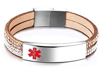 JF.JEWELRY Free Engraving Medical Alert ID Bracelet for Women with 2-Layers Velvet & Rhinestone Link 7.5",Brown