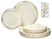 " OCCASIONS" 240 Plates Pack,(120 Guests) Vintage Wedding Party Disposable Plastic Plates Set -120 x 10'' Dinner + 120 x 7.5'' Salad/Dessert (Verona in Ivory Gold)