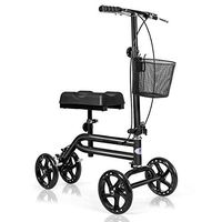 Mandycng Double Steel Tube Walking Aids Scooter w/Shopping Basket, Dual Brake Medical Steerable Folding Knee Walker, Turning Brake Knee Bike, Great for Injury Sportman Leg Surgery, Black
