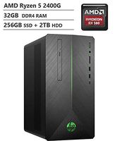 2019 HP Pavilion 690 VR Ready Gaming Desktop Computer, AMD Ryzen 5 2400G Quad-Core Processor, 32GB DDR4, 256GB SSD + 2TB HDD, AMD Radeon RX 580, Wireless-AC, DVDRW, Bluetooth, Windows 10