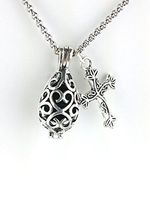 Filigree Teardrop Essential Oil Diffuser Necklace, Small Aromatherapy Necklace with Cross Charm and 18 inch Chain and 3 poms Included.