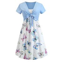 Womens Floral Print Midi Dresses Sleeves Bow Knot Bandage Suit Summer Casual Cover Up Vintage Straps Mini A-Line Tshirt Dress Loose Swing Flowy Pleated Floral Sun Dress