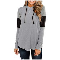 Sunhusing Women's Stitching Contrast Color Long Sleeve Drawstring Hooded Pullover Loose Sweatshirt Tops(Gray,2XL)