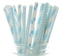 Blue Baby Shower Straws (50 Pack) - Baby Boy Paper Party Straws - Stripe, Polka Dot & Chevron Zig Zag Cake Pop Sticks, Frozen Winter Wedding Straw Supplies