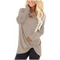 Sunhusing Women's Solid Color Bandage Lace-Up V-Neck Long Sleeve Hem Twist Knotted Casual Tops T-Shirt(Beige,S)