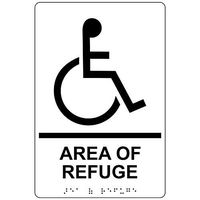 Area of Refuge Sign, ADA-Compliant Braille and Raised Letters, 9x6 inch Black on White Acrylic with Adhesive Mounting Strips by ComplianceSigns