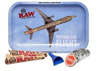 RAW Rolling Tray Small (Prepare for Flight) with 2 Packs of RAW King Size Pre Rolled Cones, Barracuda Cone Filler and Rolling Paper Depot 42mm 4 Piece Grinder