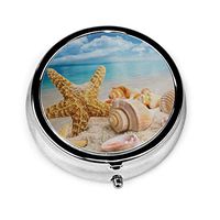 Ocean Sea Sand Beach Blue Sky Starfish Seashell Pill Box Round Metal Pill Case Three Compartment Pocket Medical Storage for Purse