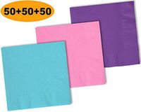150 Beverage Napkins, Island Blue, Candy Pink, Amethyst - 50 Each Color. 2 Ply Paper Cocktail Napkins. 5" folded, 10" unfolded.