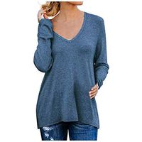 FEISI22 Women's Fall Long Sleeve Side Split Loose Casual Pullover Tunic Tops with Side Zipper V Neck Hoody Tops Blue