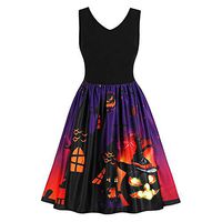 Women Vintage Sleeveless Swing Dress Pumpkins Halloween Evening Party Flare Dress (L, Purple)