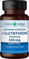 Vitamin World L-Glutathione 500 mg. Reduced 30 Capsules, Amino Acid, Antioxidant Support, Rapid-Release, Gluten Free