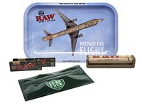 RAW Rolling Tray Small"Take Flight", RAW Black 1 1/4 Rolling Papers, RAW Black King Size Slim, RAW Cigarette Roller, with Leaf Lock Gear Spill Proof Pouch - 5 Item Bundle