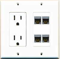 RiteAV - (2 Gang Decorative 15A Power Outlet 4 Port Cat6a Ethernet Wall Plate White