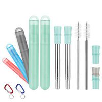 2 Pack Reusable Metal Straws Collapsible Stainless Steel Drinking Straws, Portable Telescopic Foldable Straw with Case, Silicone Mouthpiece, Brushes & Carabiner | BPA Free（2Sea Tur-Teal）