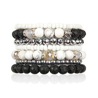 Bohemian Lava Stone Essential Oil Diffuser Multi Strand Layer Bracelet - Healing Aroma Therapy Beaded Natural Volcano Rock Stretch Bangles Lotus, Hematite ([L-XL] Layer Mix - White Howlite)