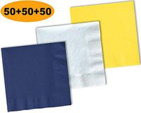 150 Beverage Napkins, Navy blue, Bright White, Lemon Yellow - 50 Each Color. 2 Ply Paper Cocktail Napkins. 5" folded, 10" unfolded.