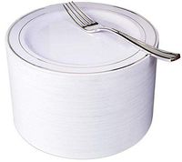 NERVURE 102 Disposable Plastic 7.5” Cake Plates & 102 Silver Plastic Forks, Perfect for Salads, Desserts, Parties, Catering, Wedding Cakes (silver)
