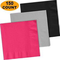 150 Lunch Napkins, Electric Pink, Shimmering Silver, Midnight Black - 50 Each Color. 2 Ply Paper Dinner Napkins. 6.5" folded, 13.5" unfolded.